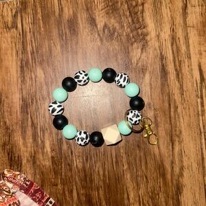 Mint and Black Beaded Keychain Bracelet